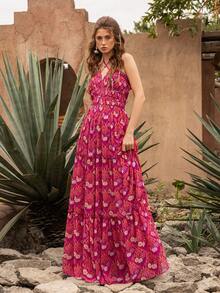 Faeriesty 优雅露背长裙：无袖层叠荷叶边礼服，交叉露背设计，刺绣花藤图案，轻盈飘逸的面料——完美适用于花园婚礼、波西米亚风新娘写真、目的地婚礼、乡村风周年庆典、浪漫户外活动等夏季场合。 - 玫瑰紅 - 查看 4