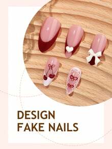 Y2K 心形亚克力美甲 24 片装 情人节樱桃蕾丝中号杏仁形按压式美甲贴片，法式蝴蝶结和心形 3D 立体假指甲套装，适合美甲沙龙、女孩和女士日常佩戴、节日送礼美甲配件 - 彩色 - 查看 3