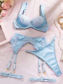 5pcs Set Sexy Light Blue Women's Lingerie Set, Sexy & Fashionable Lace Patchwork Hollow Design - Baby Blue - View 4