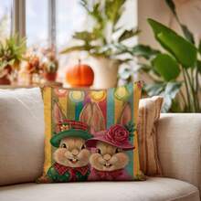 1件复古兔子印花抱枕套，45厘米 x 45厘米/18英寸 x 18英寸，复活节风格装饰抱枕套，100%涤纶，手洗，拉链封口，适用于客厅、卧室、沙发、床、户外装饰，不含枕芯 - 彩色 - 查看 5