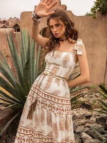 优雅方领长裙：飘逸的多层荷叶边裙摆，饰以精致刺绣图案，配有腰带，无袖设计，柔美A字廓形——完美适用于花园婚礼、新娘写真、浪漫周年庆典、正式花园派对和私奔。 - 米色 - 查看 6