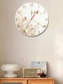 简约花卉蝴蝶挂钟 - 静音无滴答现代圆形木质电池供电挂钟（不含电池），米色表盘，红金指针 - 优雅家居装饰，适用于客厅、卧室 - 生日、乔迁、结婚礼物佳选 - 粉彩装饰钟，时尚挂钟，卧室挂钟，钟表墙饰，可爱挂钟，复古无滴答挂钟，材质耐用，做工精良，2D平面