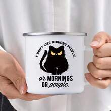 1个趣味猫咪搪瓷咖啡杯，12盎司，可重复使用，送给爱猫人士的礼物，独特的猫咪图案，仅限手洗，无需电源，适合露营和篝火，个性化晨间咖啡杯 - 白色 - 查看 2