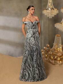 Faeriesty Đầm dạ hội nữ thanh lịch hở vai đính sequin, thiết kế thắt nơ sau lưng, kiểu dáng ôm sát trang trọng, phù hợp cho các buổi dạ tiệc trang trọng, sự kiện thảm đỏ, vũ hội, trang phục dự đám cưới và các bữa tiệc ngày lễ. Tiệc mùa xuân nghỉ lễ. - Bạc - Xem 5