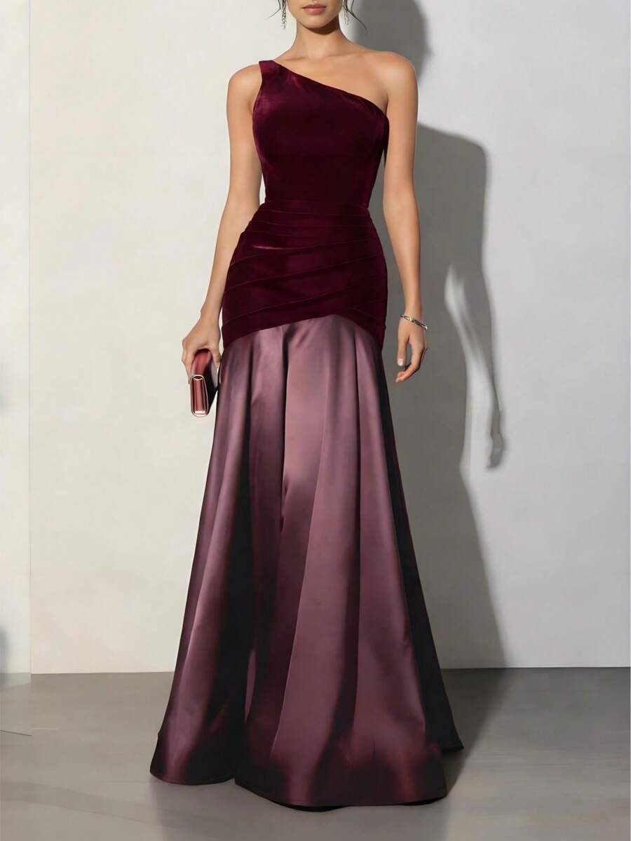 女士优雅露肩纯色连衣裙，时尚性感不对称无袖丝绒上衣，收腰A字褶皱长裙，适合宴会、派对、聚会等场合 - 酒紅色 - 查看 1