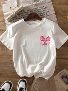 复活节快乐！卡通兔子蝴蝶结印花圆领T恤，柔软休闲，适合春夏穿着。 - 白色 - 查看 2