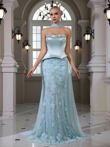 优雅性感缎面串珠亮片水钻花卉刺绣蕾丝无肩带修身美人鱼长裙，适合鸡尾酒会、聚会、宴会、婚礼等春季场合。 - 藍色 - 查看 2