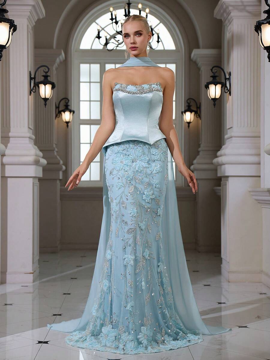 优雅性感缎面串珠亮片水钻花卉刺绣蕾丝无肩带修身美人鱼长裙，适合鸡尾酒会、聚会、宴会、婚礼等春季场合。