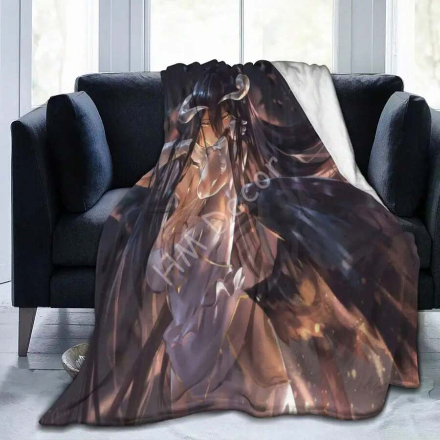 Flannel Fleece Unique Throw Blanket Albedo Overlord Anime Black Hair Yellow Eyes Girl Character Throw Better Sleep Supe - 咖啡棕 - 查看 1