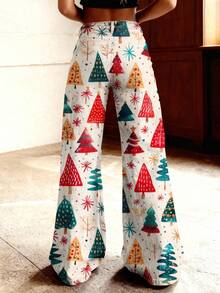 Women'S High-Waisted Stretch Faux Faux Jeans Christmas Tree & Snowflake Print Bell-Bottom Trousers - Vintage Washed Wide-Leg Winter Pants With Button Closure, All-Season Casual To Semi-Formal Outfits (Red/GreenPink) - Comfortable Loose Fit For Holid - Multicolor - View 3