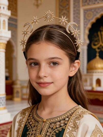 A Festive Prayer Knot For Eid Al-Fitr, A Personalized Star And Moon Headband For Girls, A Fashionable Accessory For Formal Dresses.