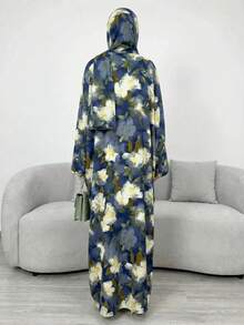 两件套，含头巾，优雅法式碎花开衫长袍，休闲百搭，适合聚会、派对、春季度假等场合。 - 藍色 - 查看 3