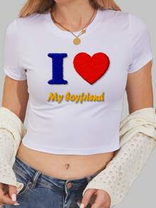 Customized Short T-Shirt For Women, Personalized, Women's T-Shirt, Use Flocking Technique To Customize Your Slogan, Fuzzy Texture Text Print, Create Your Unique Spring/Summer Style. Suitable For Daily Wear, Sports, Outdoor Activities, Spring/Summer Clothing, Valentine's Day Outfit, Family, Couples, Parent-Child, Group White - White - View 4