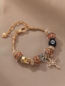 1pc Teenager DIY Beaded Bracelet With Copper Cross, Leopard Print Beads, And Black Tassels, Fashion Jewelry, Gift For Birthday - Gold - View 12