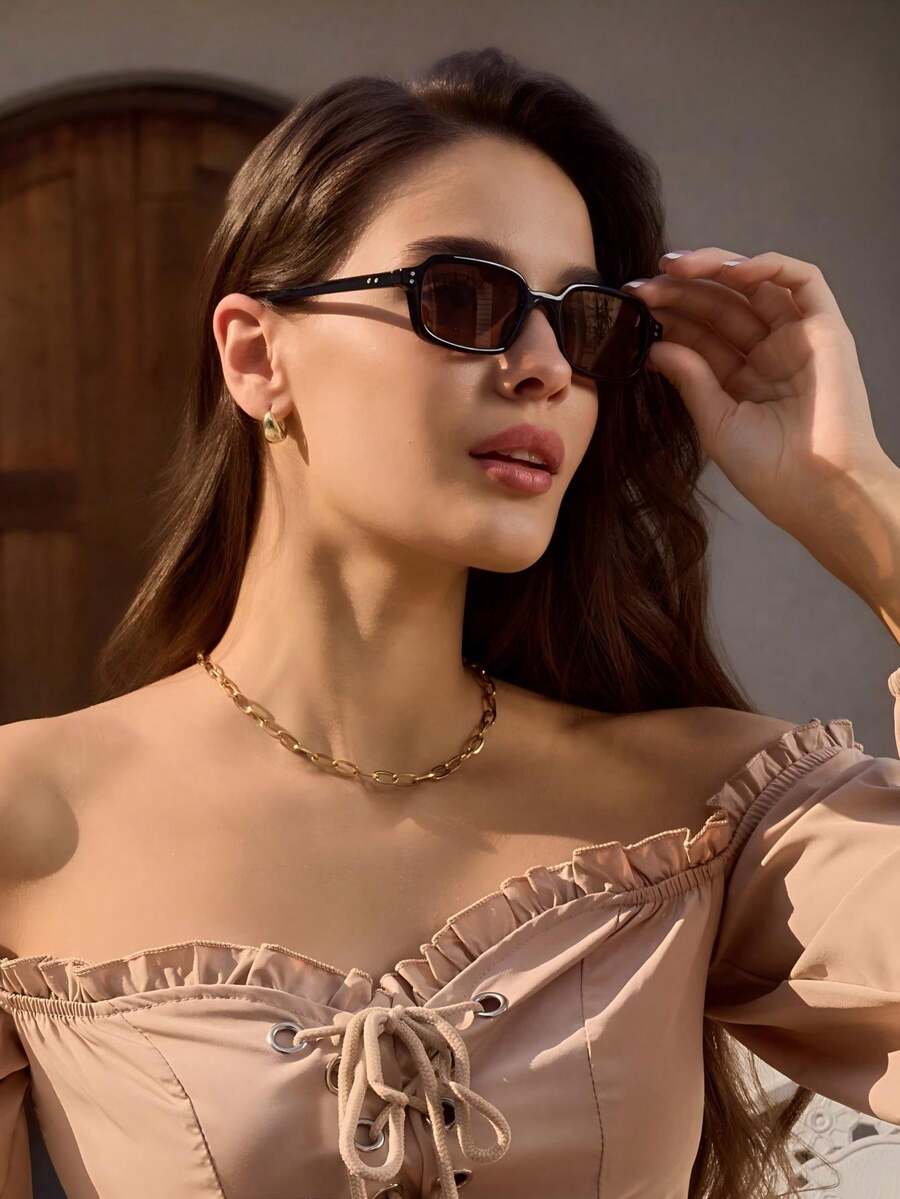 1 chiếc gọng kính hình chữ nhật kiểu retro dành cho nữ, phù hợp cho các dịp thường ngày, đi biển, du lịch, dự tiệc, làm quà tặng, phối đồ hàng ngày, bản lề kim loại kiểu Y2K. - Trà toàn khung đen - Xem 1