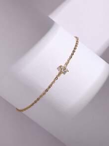 1条时尚简约金色铜链镶嵌锆石四叶草脚链，适合女性海滩、度假、休闲场合佩戴 - 金黃色 - 查看 2