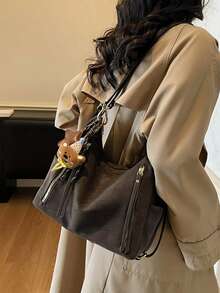 新款女士手提包，大容量通勤小众设计单肩包，休闲百搭简约时尚斜挎包，舒适PU材质，纯色设计，拉链闭合，可调节长肩带，多功能大容量背包，线上热门带吊坠手提包 - 咖啡 - 查看 7