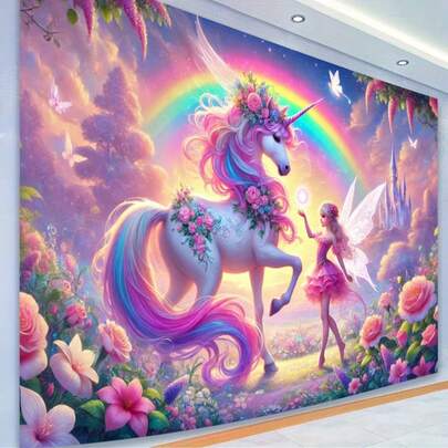 A Brightly Colored Polyester Canvas Backdrop Featuring A Magical Unicorn And Fairy Design, Complete With Rainbows, Flowers, And A Magical Forest Scene, Perfect For Decorating Indoor Or Outdoor Parties And Birthdays.