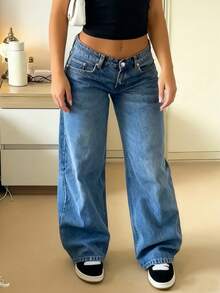 MYOURSA Jeans de pierna ancha y cintura baja holgados para mujer, estilo vintage desgastado de streetwear Y2K y estilo casual de campus para primavera - Azul lavado medio - Ver 5