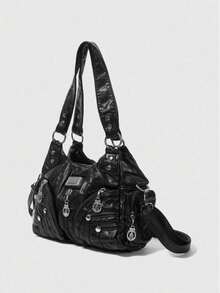 Grunge Punk New Punk Rock Chic Ladies Shoulder Tote Bag, Darkcore Motorcycle Handbag For Women, New Fashionable Big Bags For Women - 黑色 - 查看 2