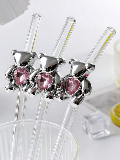 1pc Metal Heart-Shaped Bear Transparent Reusable Straw, Bendable For Various Beverages, Party Cup Decor, Holiday Atmosphere Enhancer