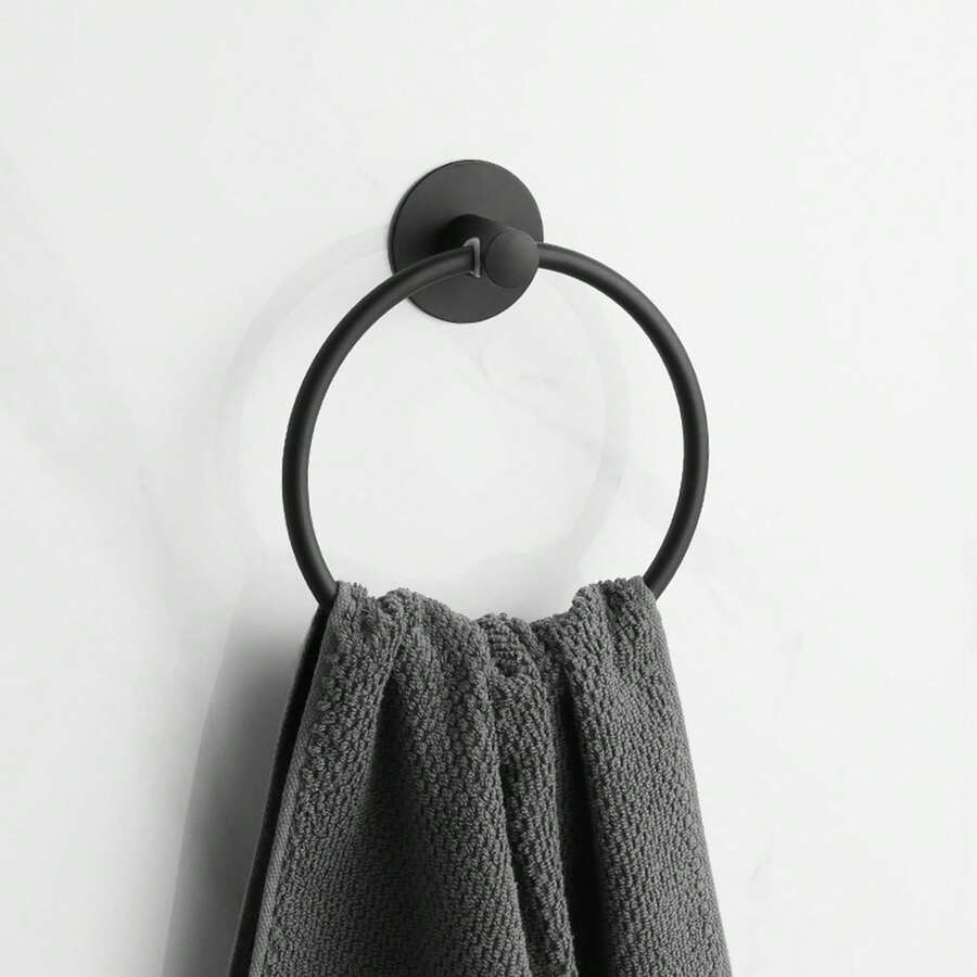 1pc Adhesive Towel Rack, Black Towel Ring, Wall-Mounted Bathroom Towel Rack, Towel Ring, Round, Rectangular, Stainless Steel Bathroom Towel Rack, Wall-Mounted Towel Hook, Silver, Gold Towel Hook, Bathroom Towel Storage Organizer, Black Washcloth Rack, Dishcloth, Hand Towel Bar, Bathroom Accessories, Hardware, Bathroom Decor, No Drill Dishcloth Rack - Towel Rack - View 1
