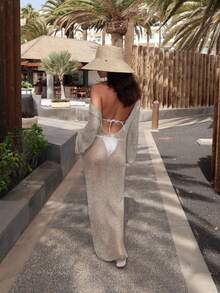 MORI 2026春夏新款女士驼色圆领露背针织长裙罩衫，质地细腻闪亮，波西米亚风，优雅派对礼服，展现柔美女性魅力，适合海滩度假、浪漫海滩之旅、夏季度假等场合。 - 駝色 - 查看 9