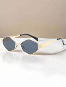 1 par de gafas de moda unisex con marco de metal vintage en forma de rombo y poligonal, marco de metal único adecuado para fotografía callejera, vacaciones y uso diario - Dorado - Ver 8