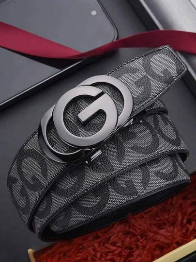 Men's Designer Automatic Buckle Belt - Black Faux PU With Double Ring Buckle, Pebbled Texture, Ideal Gift For Business And Formal Occasions, Men's Gift | Gold Buckle | Alloy Buckle, Jeans Belt Accessory