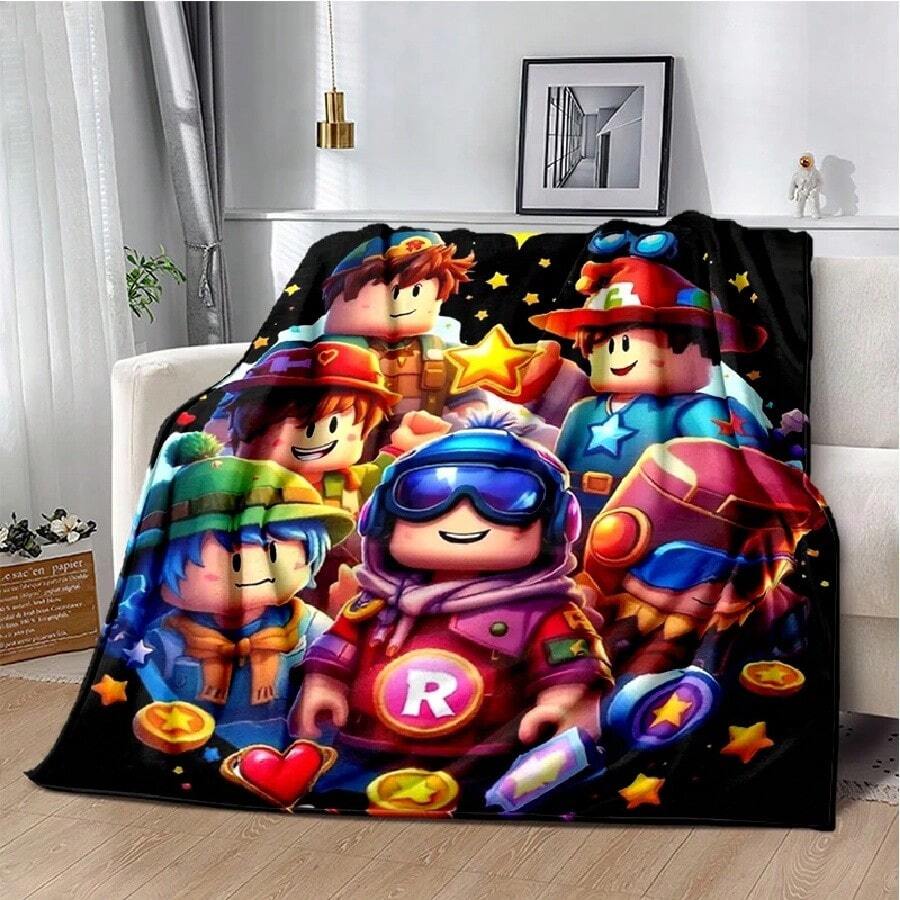 3D Cartoon R-Robloxs Game Flannel Blanket Soft Warm Throw Blanket For Bedroom Living Room Bed Travel Camping Picnic Gift(3).Jpg - trắng - Xem 1