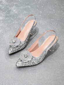 Women's Pointed Toe Backless High Heel Sandals With Sparkling Rhinestone Decor, Transparent Crystal Heel, Elastic Ankle Strap, Comfortable Padded Sole, Slip-On Design, Elegant Dance Shoes For Wedding, Party, Valentine's Day - Silver - View 9