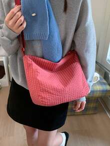 Korean & Japanese Style Plaid Print Fabric Women's Casual Versatile One Shoulder Bag, Front Double Pockets, Lightweight Foldable Zipper Closure Adjustable Long Strap, Suitable For Daily Use, School/College Students, Simple & Cute, Crossbody Bag For Shopping - Multicolor - View 10