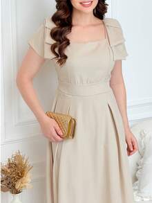 Women's Midi Dress With Bow On The Shoulder (Christian Style) - 杏色 - 查看 6