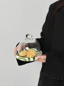 1pc Ceramic Striped Dessert Tray With Glass Lid. Can Be Used As A Cake Stand, Mini Tray, Serving Plate, And Pastry Dish. Ideal For Afternoon Tea, Also Suitable For Bedroom, Living Room, Hotel, And Camping. - Multicolor - View 2