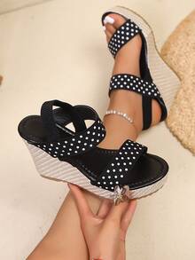 Giày sandal đế xuồng cao gót cho nữ, đế dày, cỡ lớn kiểu châu Âu và Mỹ, sandal cao gót đế dây thừng, kiểu dáng mùa hè giản dị, phù hợp cho bãi biển, kỳ nghỉ và các hoạt động ngoài trời, thiết kế đơn giản. - màu đen - Xem 6