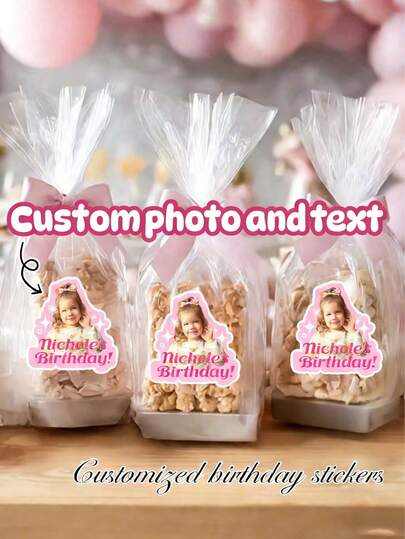 6/12/24pc Custom Birthday Photo Stickers – Personalized Cut-Out Name Stickers – Cute Kids Birthday Favor Labels – Gift Bag & Party Decoration Stickers
