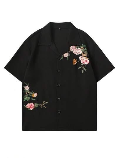 Chemise noire ample et décontractée avec broderie florale pour homme, style vacances d'été