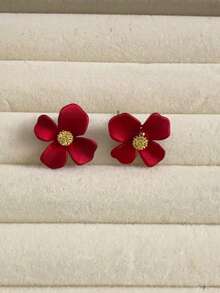 5pcs/Set Fashionable Minimalist Geometric Red Glitter Flower Stud Earrings Set, Chic Style Suitable For Women's Daily Dates And Valentine's Day Gifts - Red - View 4