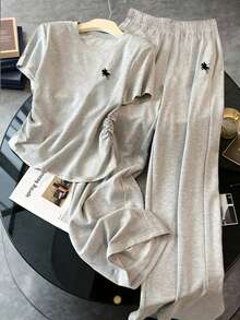 Tween Girl Casual Everyday Commute Minimalist Knight Print Pleated Waist T-Shirt And Loose Wide Leg Pants Set, Spring/Summer/Autumn - Grey - View 1