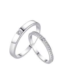 2pcs Elegant Cubic Zirconia Couple Rings Set, Versatile For Party & Daily Wear, Copper Material, Non-Fading & Hypoallergenic, Ideal Gift - Silver - View 6