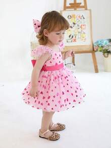 Baby Girls Love & Cap Sleeve Mesh Tulle Princess Party Pink Dress, Elegant Birthday Gift Dress For Girls, Suitable For Birthday, Wedding, Holiday Celebration - Dusty Pink - View 7