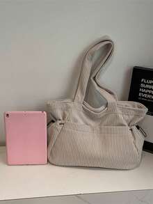 1pc Corduroy Tote Bag For Women, Large Capacity, 2026 New Autumn/Winter Versatile Casual Shoulder Bag, Suitable For College Students - Beige - View 7