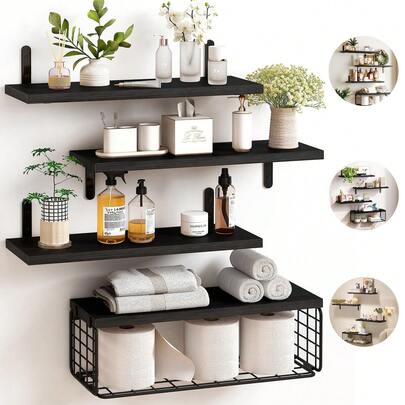 4 Repisas Flotante Madera Minimalista Muebles Hogar Decorar,Repisas Flotantes para Montaje en pared con Cestas de Almacenaje. Capacidad de Carga de 22libras,Estanterías de Moda y Duraderos para Organizador y Decorar Dormitorio, Sala y Oficina,Baño, Cocina.