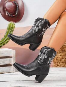 2026 New Women's V-Cut Embroidered Shaft Chunky Heel Cowboy Boots, Retro Short Ankle Pointed Toe Western Boots - Black - View 2