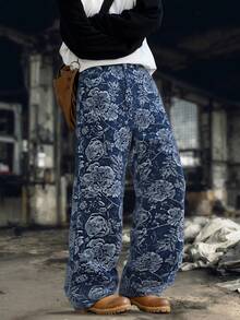Quần jeans ống rộng dáng suông ONE.DINY Rose Jacquard màu xanh dương, chất liệu vải không co giãn, thoải mái. - Màu xanh lam - Xem 1
