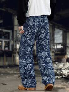 Quần jeans ống rộng dáng suông ONE.DINY Rose Jacquard màu xanh dương, chất liệu vải không co giãn, thoải mái. - Màu xanh lam - Xem 2