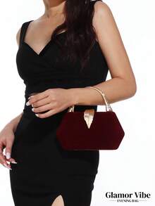 Glamor Vibe Elegant Velvet Evening Clutch Bag, Decorated With Gold Feathers, Suitable For Party Dresses, Vintage Style Velvet Handbag, Formal Occasion Evening Bag, Suitable For Ball, Wedding, Party, Cocktail Party, Birthday Party, As Birthday Gift, Bridal Clutch - Burgundy - View 3
