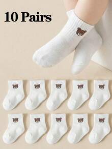 20/10/5 双装白色婴儿船袜，可爱小熊图案，男女童通用，柔软透气，弹性防滑袜口，适合日常穿着，0-36 个月，适合日常穿着和开学季，婴儿袜，幼儿袜，船袜，小熊袜，运动袜，开学季礼物，儿童衣橱系列 - 彩色 - 查看 10