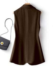 女士条纹拼接单扣常规款西装背心，纯色口袋纽扣，适合春季办公室穿着 - 咖啡棕 - 查看 2