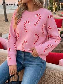 Women's Loose Crew Neck Sweater, Red & White Candy Cane Knit Top, Casual Layering For Valentine's Day, New Year, Date